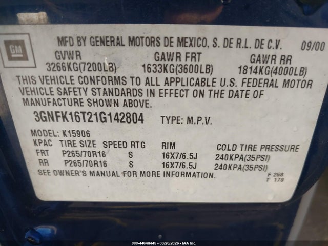 2001 CHEVROLET SUBURBAN 1500 3GNFK16T21G142804 Photo 8