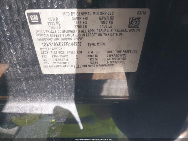 44648455 :رقم المزاد ، 1GKS1AKC2FR144287 vin ، 2015 Gmc Yukon Sle مزاد بيع