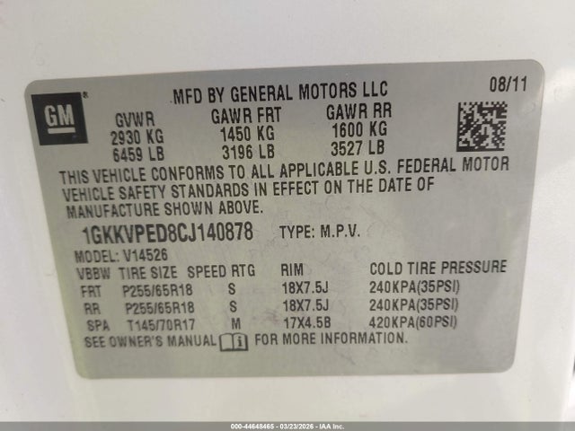 Aukcja sprzedaży 2012 Gmc Acadia Sle, vin: 1GKKVPED8CJ140878, numer aukcji: 44648465