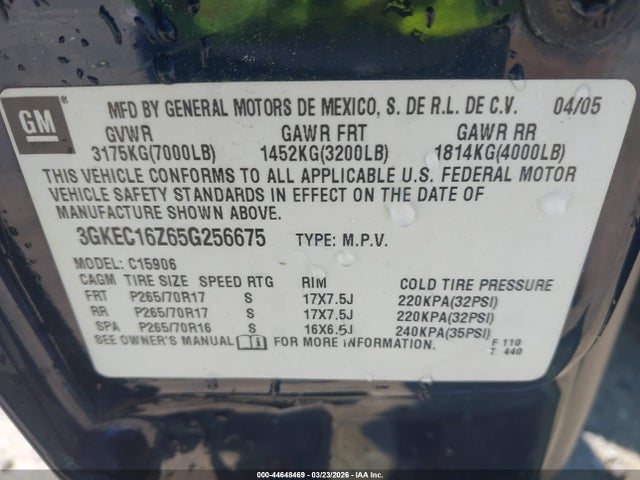 44648469 :رقم المزاد ، 3GKEC16Z65G256675 vin ، 2005 Gmc Yukon Xl 1500 Slt مزاد بيع