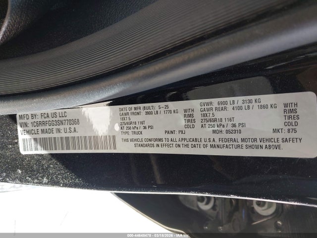44648478 :رقم المزاد ، 1C6RRFGG3SN770368 vin ، 2025 Ram 1500 Tradesman  4x4 5'7 Box مزاد بيع