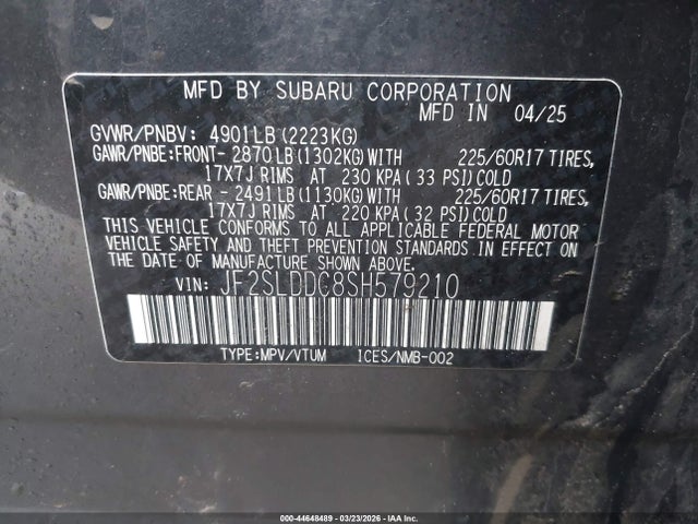 Продажа на аукционе авто 2025 Subaru Forester Premium, vin: JF2SLDDC8SH579210, номер лота: 44648489