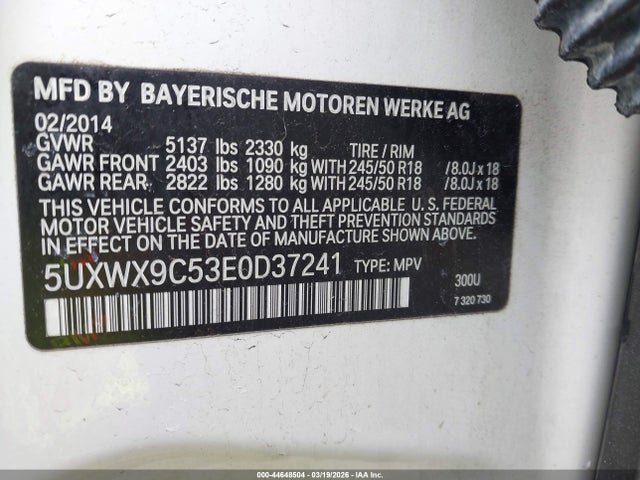Продаж на аукціоні авто 2014 Bmw X3 Xdrive28i, vin: 5UXWX9C53E0D37241, номер лоту: 44648504
