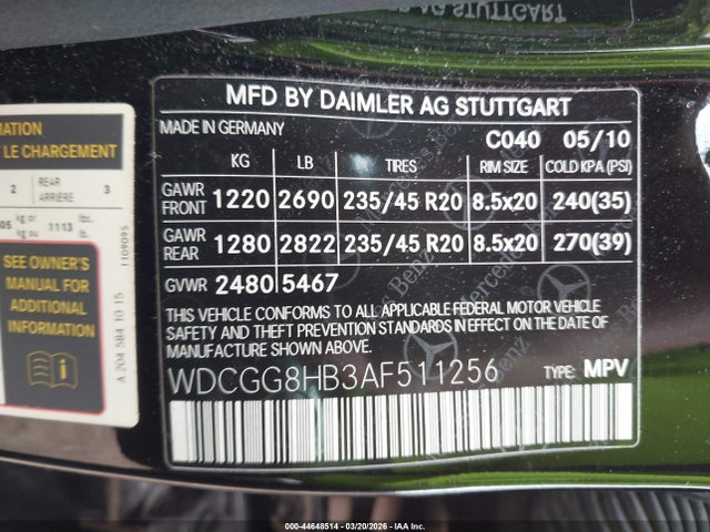 44648514 :رقم المزاد ، WDCGG8HB3AF511256 vin ، 2010 Mercedes-benz Glk 350 4matic مزاد بيع