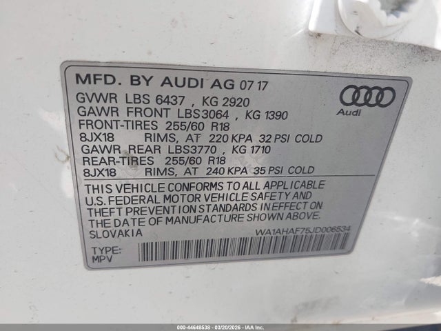 Aukcja sprzedaży 2018 Audi Q7 2.0t Premium, vin: WA1AHAF75JD006534, numer aukcji: 44648538