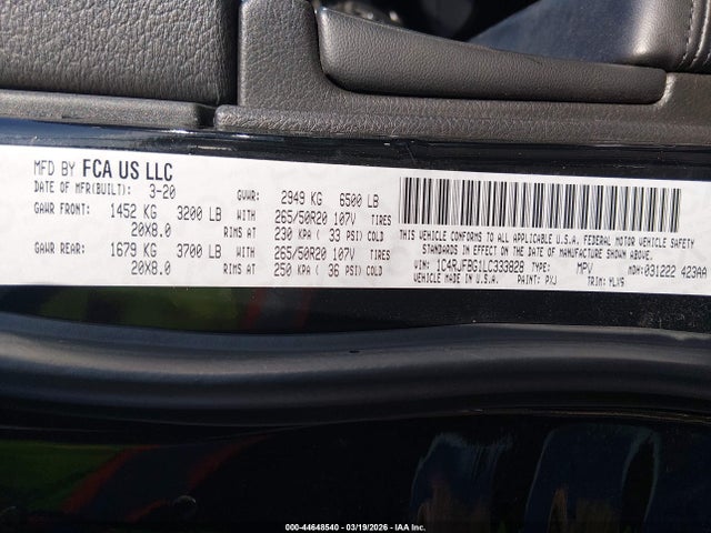 1C4RJFBG1LC333828 Jeep Grand Cherokee Limited X 4x4