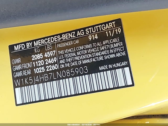 Aukcja sprzedaży 2020 Mercedes-benz Cla 250 4matic, vin: W1K5J4HB7LN085903, numer aukcji: 44648541