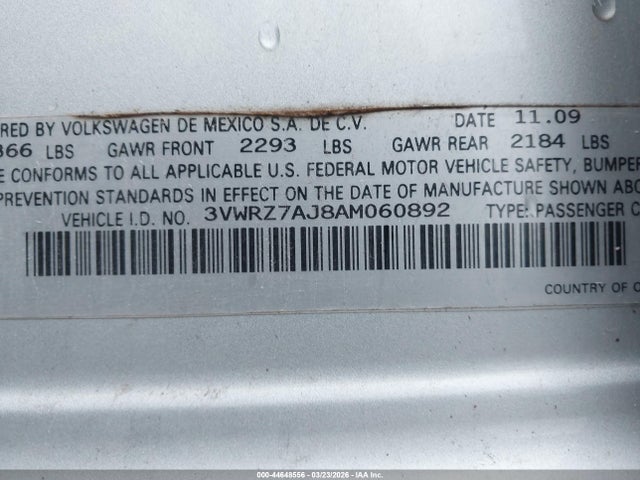 Продаж на аукціоні авто 2010 Volkswagen Jetta Se, vin: 3VWRZ7AJ8AM060892, номер лоту: 44648556
