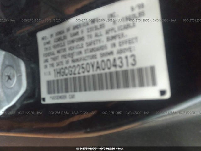 44648558 :رقم المزاد ، 1HGCG2250YA004313 vin ، 2000 Honda Accord 3.0 Ex مزاد بيع