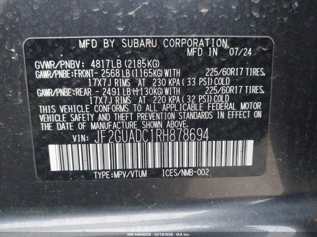 44648559 :رقم المزاد ، JF2GUADC1RH878694 vin ، 2024 Subaru Crosstrek Premium مزاد بيع