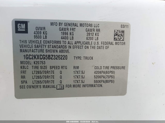 44648566 :رقم المزاد ، 1GC2KXCG5BZ326220 vin ، 2011 Chevrolet Silverado 2500hd Lt مزاد بيع