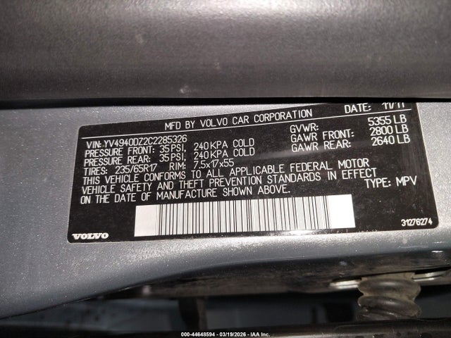 2012 VOLVO XC60 YV4940DZ2C2285326 Photo 8