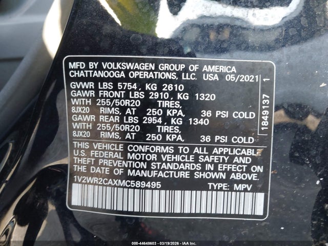 Продажа на аукционе авто 2021 Volkswagen Atlas 3.6l V6 Se W/technology, vin: 1V2WR2CAXMC589495, номер лота: 44648603