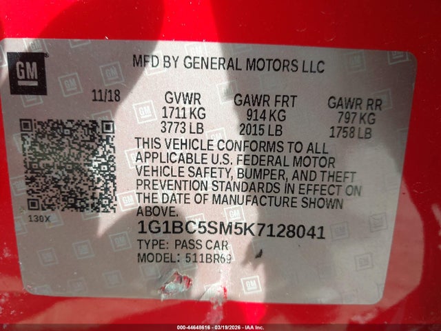 44648616 :رقم المزاد ، 1G1BC5SM5K7128041 vin ، 2019 Chevrolet Cruze Ls مزاد بيع