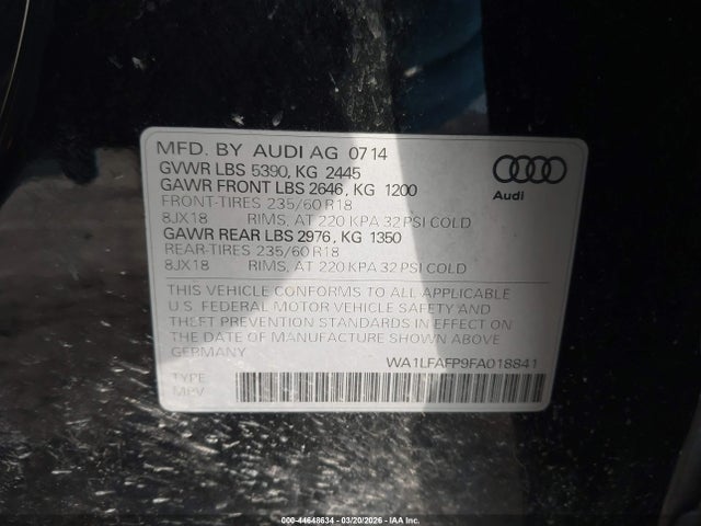44648634 :رقم المزاد ، WA1LFAFP9FA018841 vin ، 2015 Audi Q5 2.0t Premium مزاد بيع
