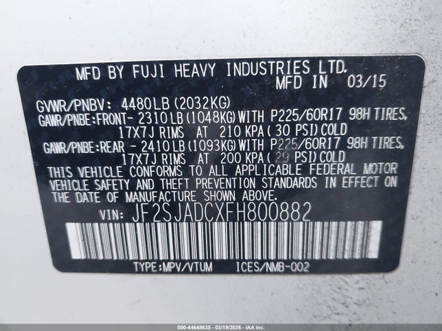 2015 Subaru Forester 2.5i Premium მანქანა იყიდება აუქციონზე, vin: JF2SJADCXFH800882, აუქციონის ნომერი: 44648635