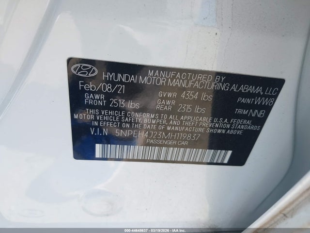 2021 Hyundai Sonata Limited მანქანა იყიდება აუქციონზე, vin: 5NPEH4J23MH119837, აუქციონის ნომერი: 44648637