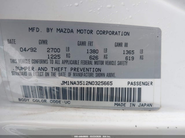 1992 Mazda Mx-5 Miata მანქანა იყიდება აუქციონზე, vin: JM1NA3512N0325665, აუქციონის ნომერი: 44648650