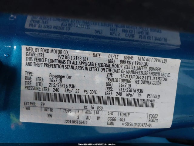 1FADP3K21FL315738 Ford FOCUS SE