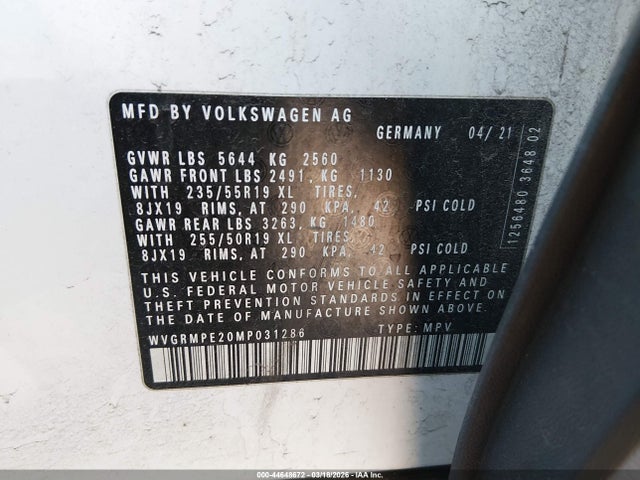 Продажа на аукционе авто 2021 Volkswagen Id.4 Pro, vin: WVGRMPE20MP031286, номер лота: 44648672