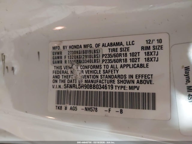 2011 HONDA ODYSSEY 5FNRL5H90BB034619 Photo 8