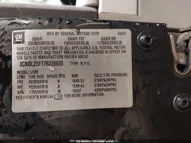 2007 Chevrolet Equinox Ls მანქანა იყიდება აუქციონზე, vin: 2CNDL23F776228935, აუქციონის ნომერი: 44648705