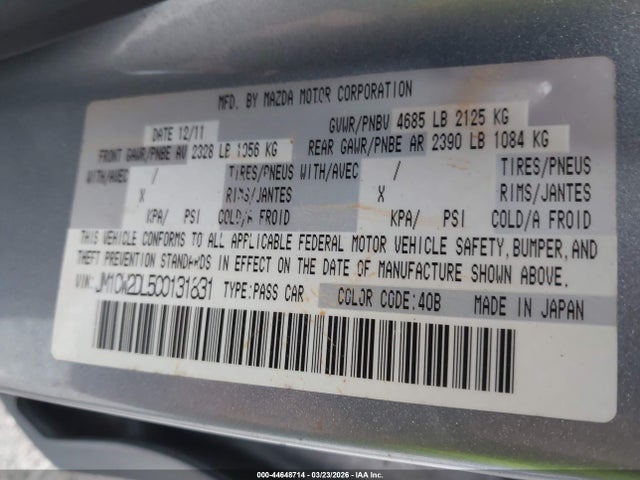 2012 Mazda Mazda5 Grand Touring მანქანა იყიდება აუქციონზე, vin: JM1CW2DL5C0131831, აუქციონის ნომერი: 44648714