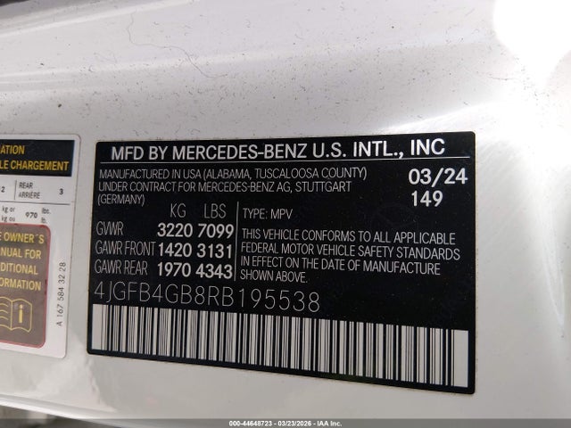 Aukcja sprzedaży 2024 Mercedes-benz Gle 450 Plug-in Hybrid 4matic, vin: 4JGFB4GB8RB195538, numer aukcji: 44648723