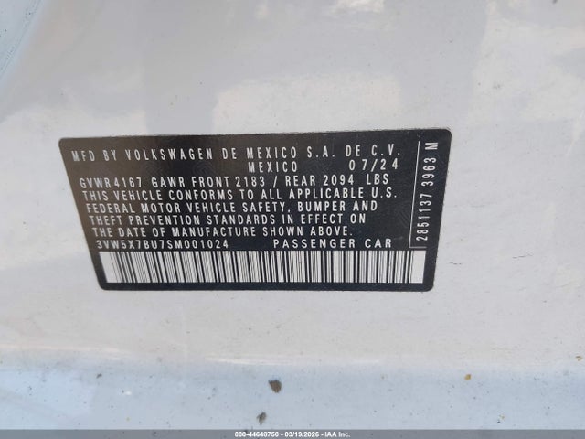 44648750 :رقم المزاد ، 3VW5X7BU7SM001024 vin ، 2025 Volkswagen Jetta 1.5t S مزاد بيع