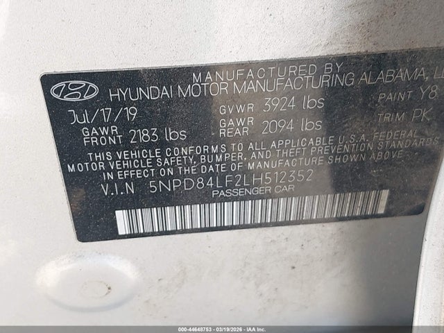 Aukcja sprzedaży 2020 Hyundai Elantra Sel, vin: 5NPD84LF2LH512352, numer aukcji: 44648753