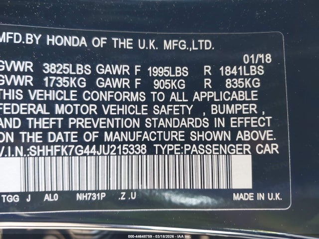 Aukcja sprzedaży 2018 Honda Civic Sport, vin: SHHFK7G44JU215338, numer aukcji: 44648759