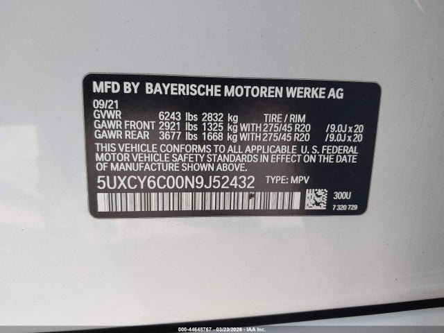2022 Bmw X6 Xdrive40i მანქანა იყიდება აუქციონზე, vin: 5UXCY6C00N9J52432, აუქციონის ნომერი: 44648767