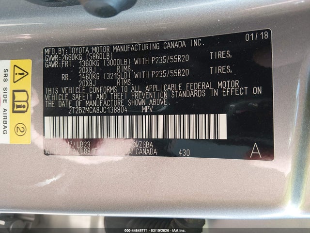 44648771 :رقم المزاد ، 2T2BZMCA8JC138804 vin ، 2018 Lexus Rx 350 مزاد بيع