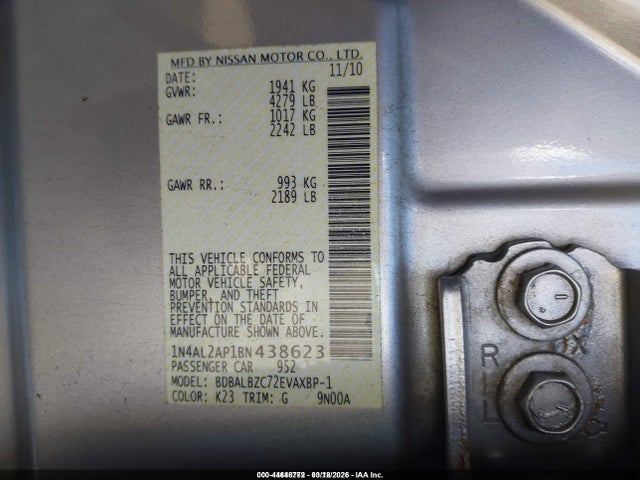 Aukcja sprzedaży 2011 Nissan Altima 2.5 S, vin: 1N4AL2AP1BN438623, numer aukcji: 44648772