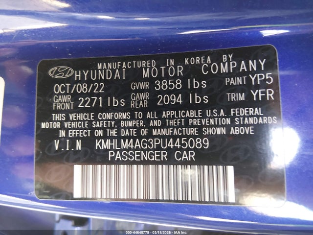 44648779 :رقم المزاد ، KMHLM4AG3PU445089 vin ، 2023 Hyundai Elantra Sel مزاد بيع