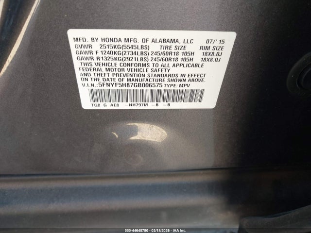 Aukcja sprzedaży 2016 Honda Pilot Ex-l, vin: 5FNYF5H87GB006575, numer aukcji: 44648780