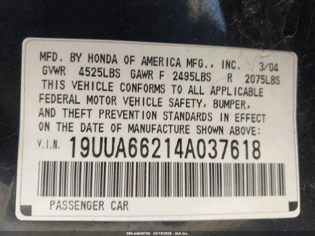 Aukcja sprzedaży 2004 Acura Tl, vin: 19UUA66214A037618, numer aukcji: 44648788