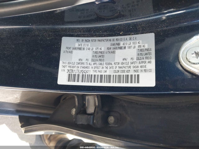 2018 Mazda Mazda3 Sport მანქანა იყიდება აუქციონზე, vin: 3MZBN1U78JM242411, აუქციონის ნომერი: 44648805