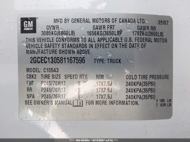 44648807 :رقم المزاد ، 2GCEC130581167596 vin ، 2008 Chevrolet Silverado 1500 Lt1 مزاد بيع