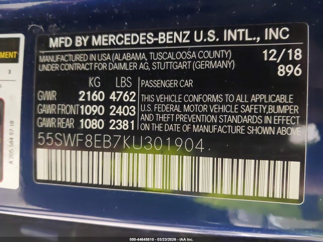 2019 Mercedes-benz C 300 4matic მანქანა იყიდება აუქციონზე, vin: 55SWF8EB7KU301904, აუქციონის ნომერი: 44648810