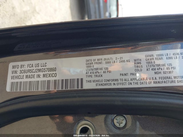 2021 Ram 2500 Tradesman  4x4 6'4 Box მანქანა იყიდება აუქციონზე, vin: 3C6UR5CJ2MG570860, აუქციონის ნომერი: 44648815