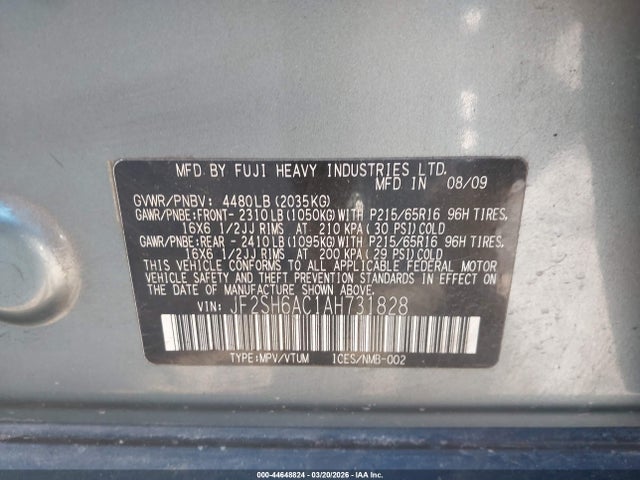2010 Subaru Forester 2.5x მანქანა იყიდება აუქციონზე, vin: JF2SH6AC1AH731828, აუქციონის ნომერი: 44648824
