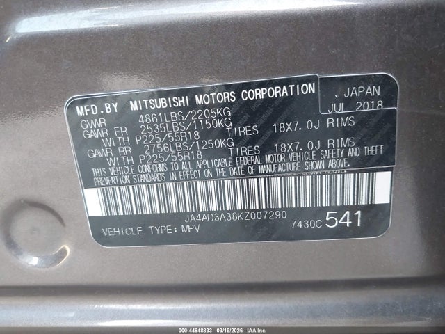 Aukcja sprzedaży 2019 Mitsubishi Outlander Se, vin: JA4AD3A38KZ007290, numer aukcji: 44648833