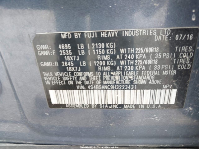 44648835 :رقم المزاد ، 4S4BSANC9H3223431 vin ، 2017 Subaru Outback 2.5i Limited مزاد بيع