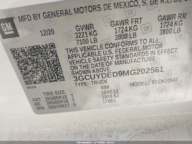 Aukcja sprzedaży 2021 Chevrolet Silverado 1500 4wd  Short Bed Lt, vin: 3GCUYDED9MG202561, numer aukcji: 44648834