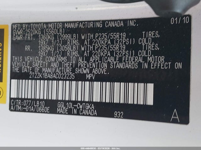 44648838 :رقم المزاد ، 2T2ZK1BA8AC023235 vin ، 2010 Lexus Rx 350 مزاد بيع