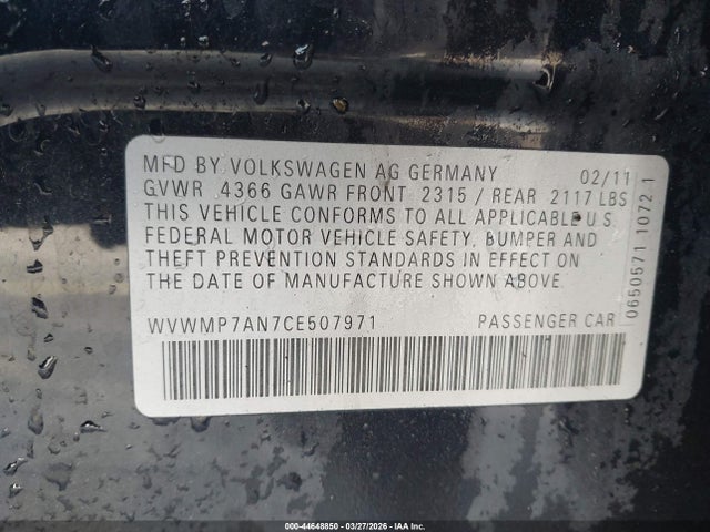 44648850 :رقم المزاد ، WVWMP7AN7CE507971 vin ، 2012 Volkswagen Cc R-line مزاد بيع