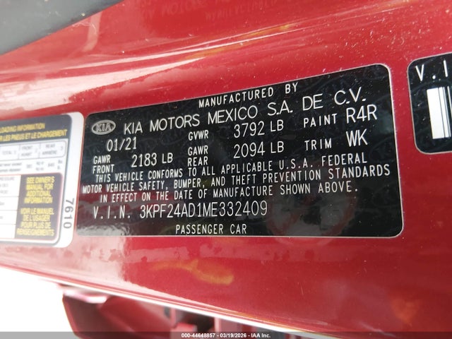 3KPF24AD1ME332409 KIA Forte Lxs