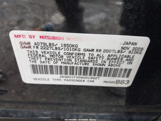 Продаж на аукціоні авто 2010 Mitsubishi Lancer De, vin: JA32U1FU0AU019427, номер лоту: 44648868