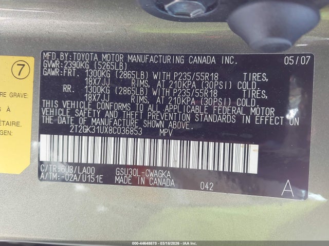 Aukcja sprzedaży 2008 Lexus Rx 350, vin: 2T2GK31UX8C036853, numer aukcji: 44648870
